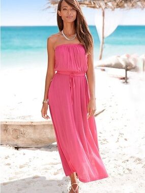 Strapless Hot Pink Maxi Swim Coverup Dress